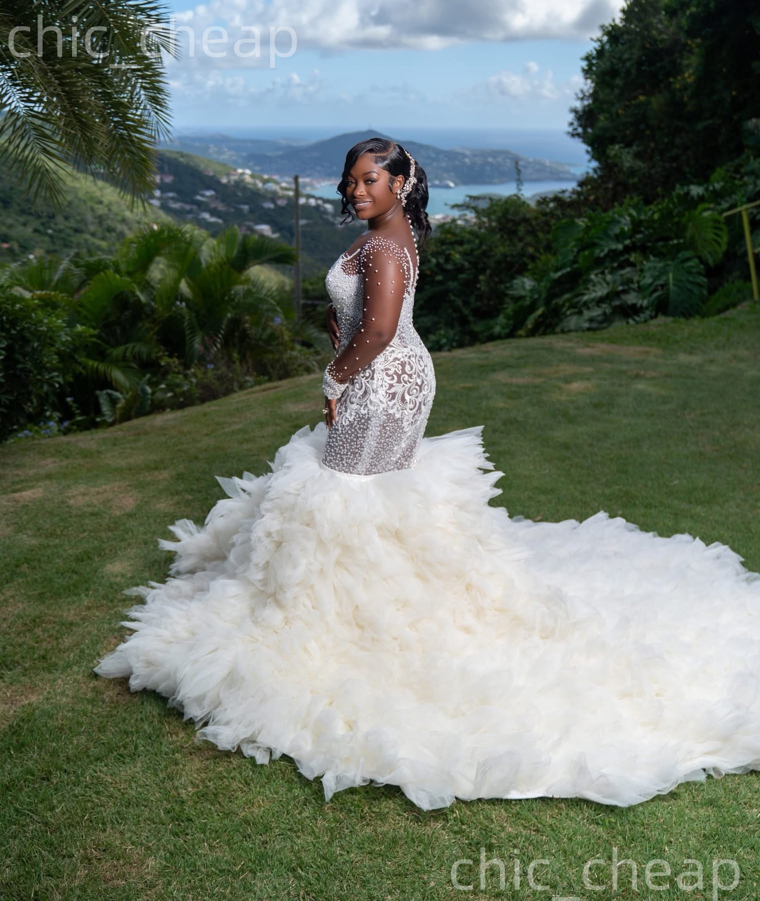 African Aso Ebi 2026 Ivory Mermaid Wedding Dress Illusion Pearls Beaded Tulle Detachable Train Vintage Charming Bridal Gowns Dresses ZJ2371