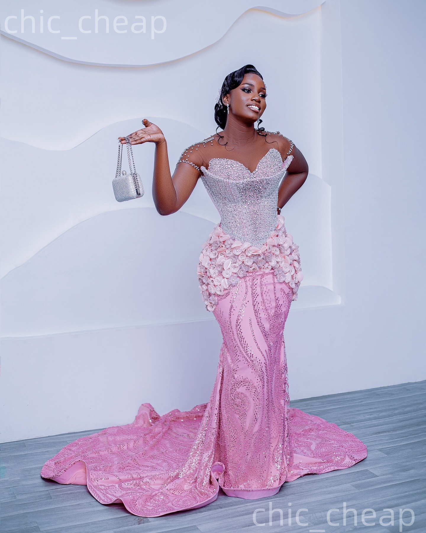 Aso Ebi Pink Mermaid Prom Dresses 2026 Crystals Flowers Sheer Neck Sequined Evening Formal Party Second Birthday Engagement Gowns Dress For Special Oc