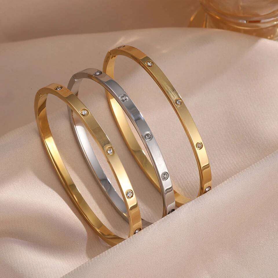 Yupsk Sliver Gold Color Stainless Steel Bangle Bracelet Inlaid Round Zircon Minimalist Birthday Jewelry Accessories Gift XJ260127