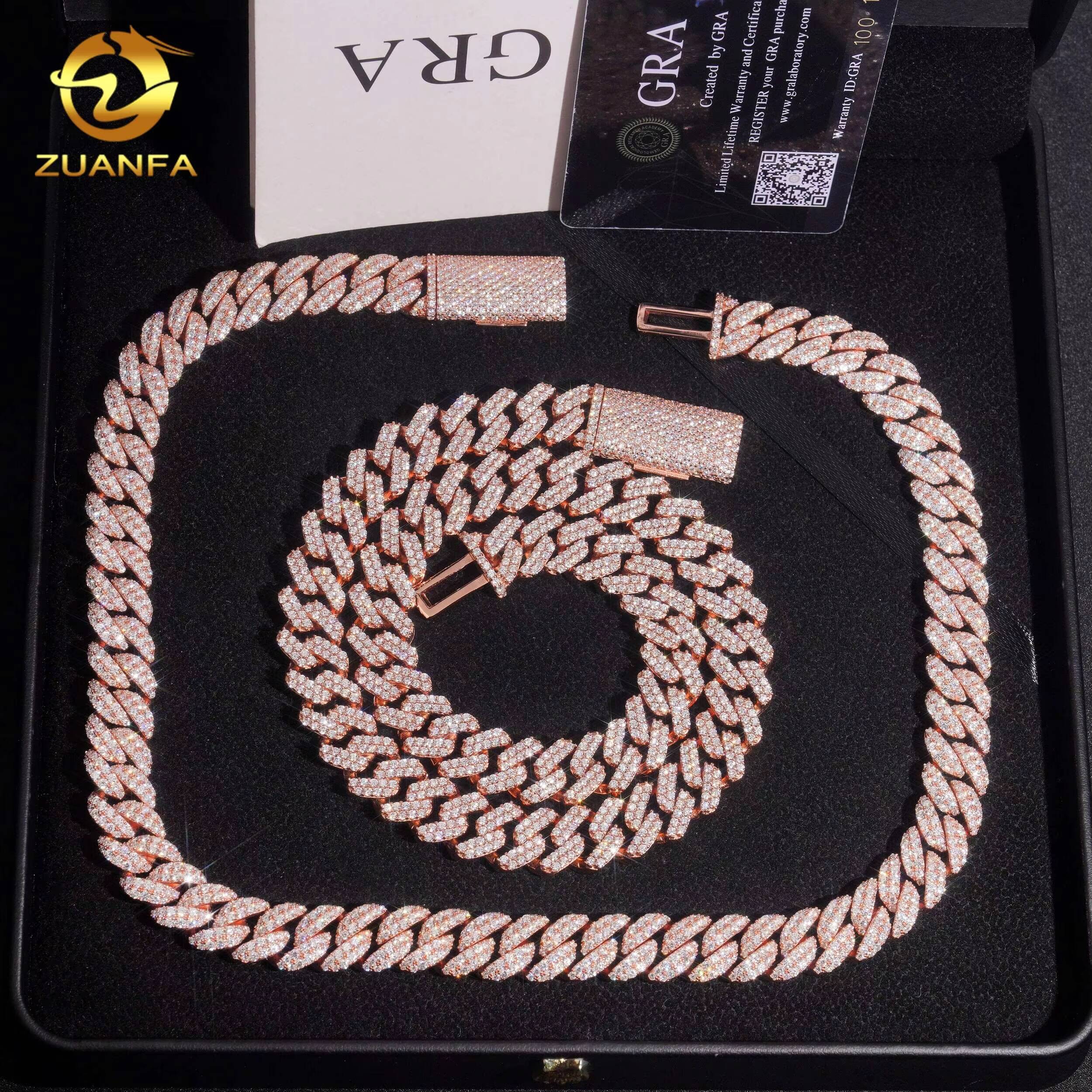 12mm Rose Gold 925 Silver Iced Out Jewelry Bracelet VVS D Moissanite Diamond Hip Hop Cuban Link Chain Necklace GRA Certificate