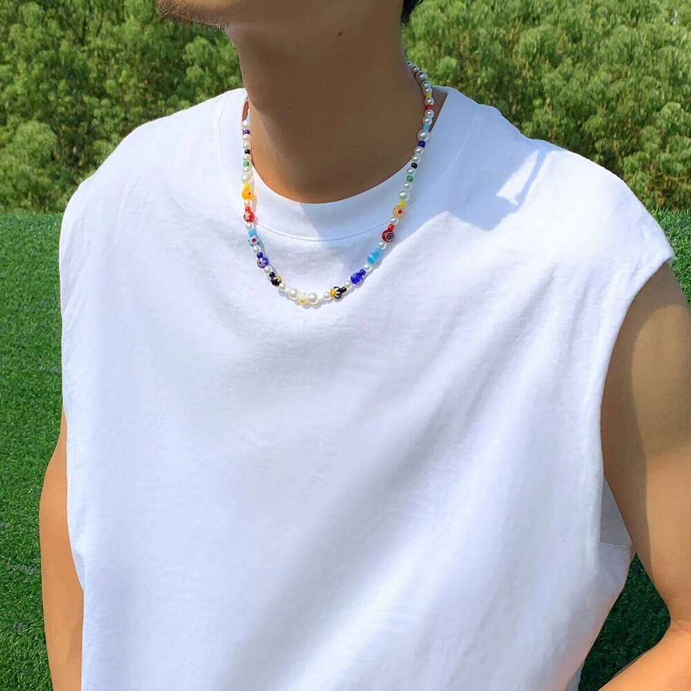 Hip Hop Color Glazed Beads Chain Retro Men Acrylic Pearls Necklaces Bohemian Jewelry Trendy Accessories 26W01127