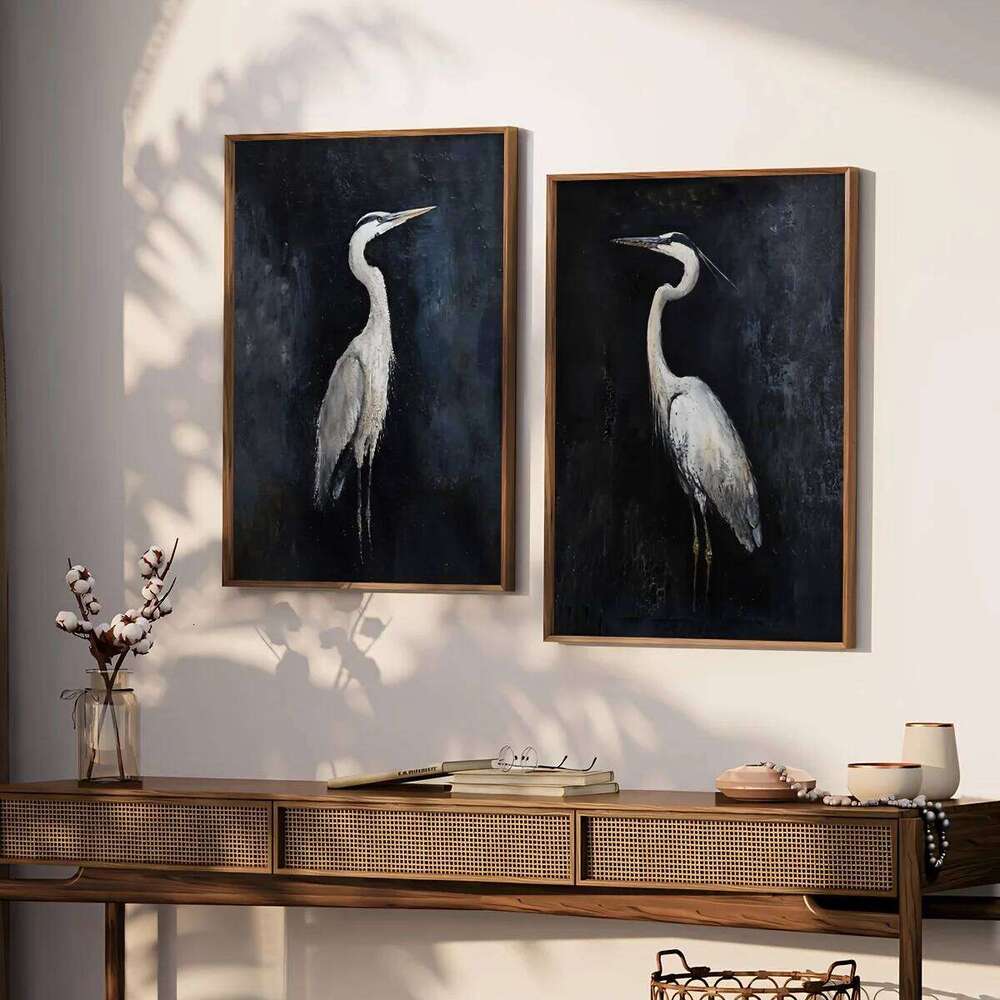 2pcs/set Black Heron Canvas Poster Retro Flying Crane Couple Animal Wall Art Prints for Modern Living Room Home Decor Gifts 26H0127