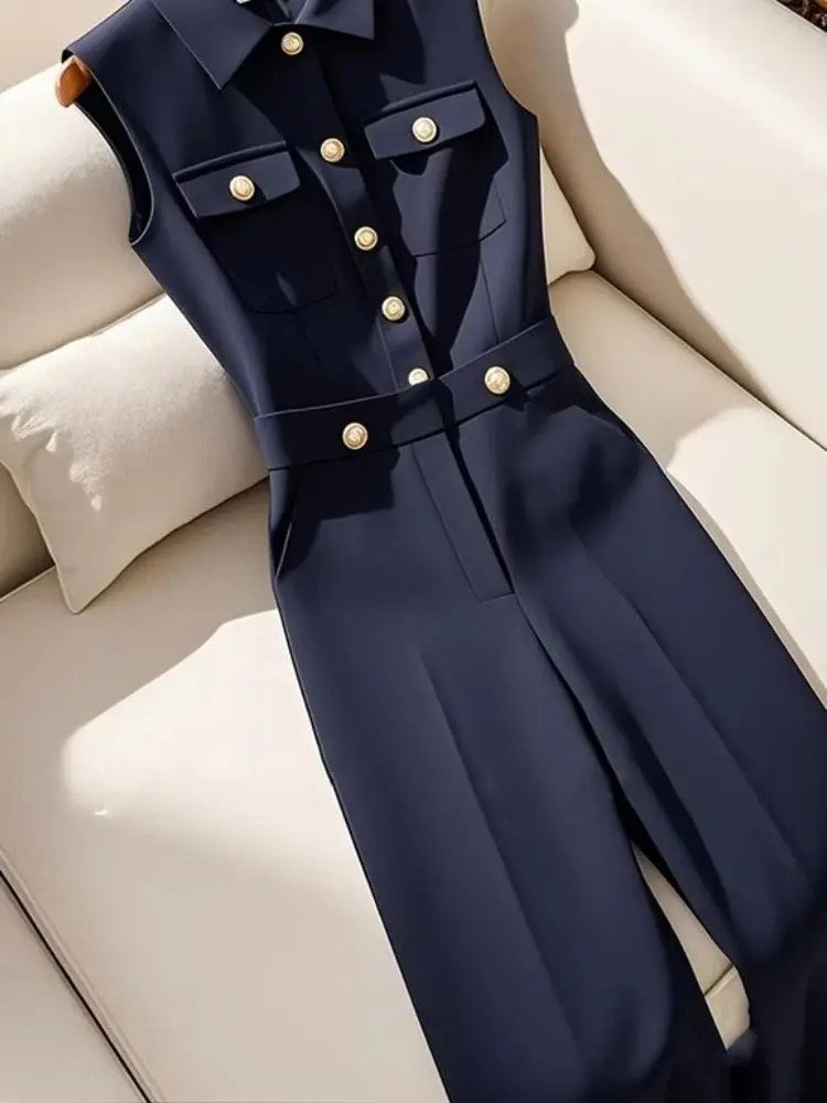 Frence Retro Polo Collar Single Breasted Pockets Navy Blue Jumpsuits Fashion Office Lady All match Summer Long Jumpsuit Elegant 260124 - view 6