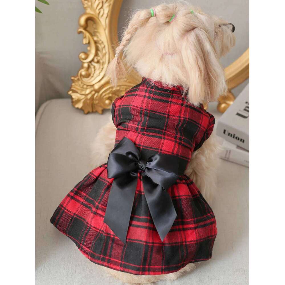 British-Style Large-Checkered & A Red Bow Dress Suitable For Wearing At Parties And Christmas Celebrations Pet Supplies - view 1