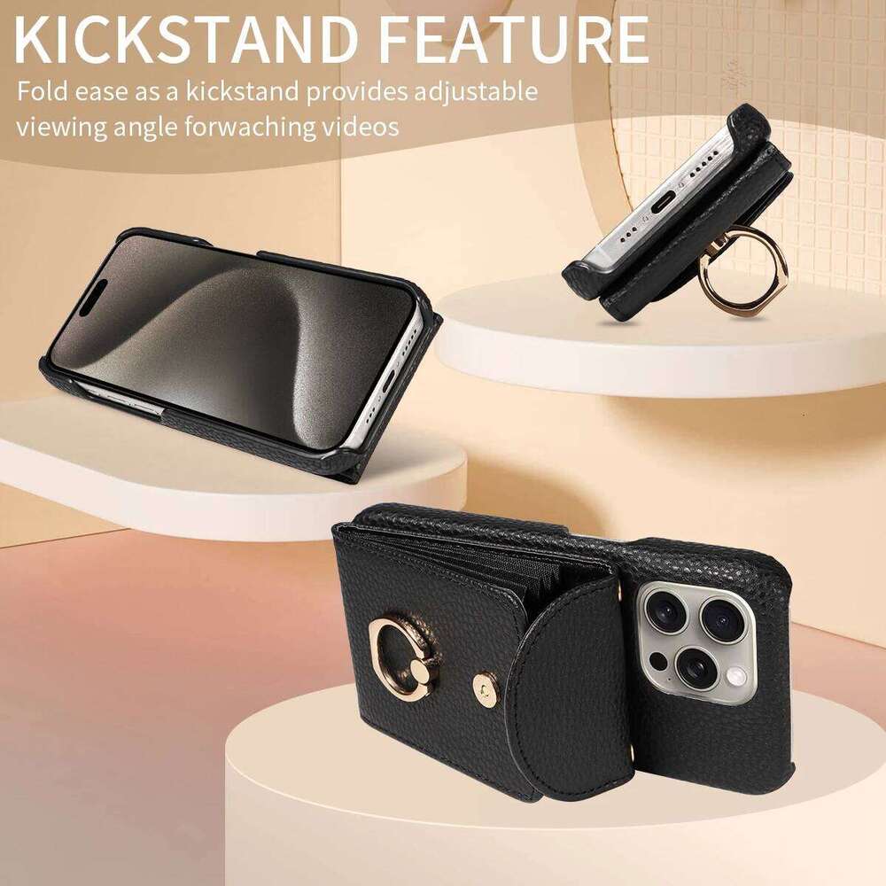 High Quality Ring Stand Lychee Pattern Phone Case for IPhone16promax15 14 13 Crossbody with Lanyard PU Leather Anti-fall Cover 26H0127