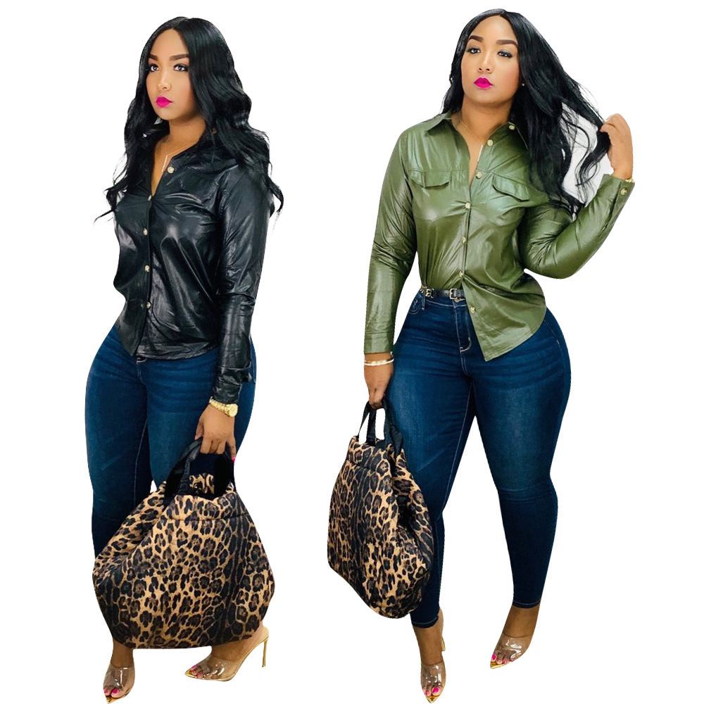 Pu Leather Casual Shirts Women Long Sleeves Turn Down Collar Office Lady Fashion Elegant Tops Solid Color Female Clothing 240820