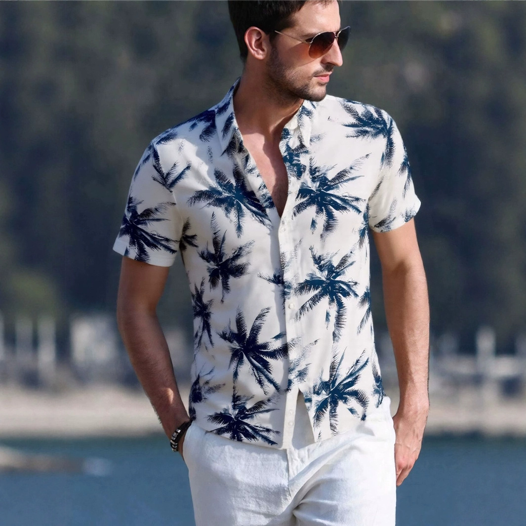 2025 Mens 3D Printed Short Sleeve Shirt Summer Vacation Hawaiian Casual Turn-Down Collar Mens Shirt