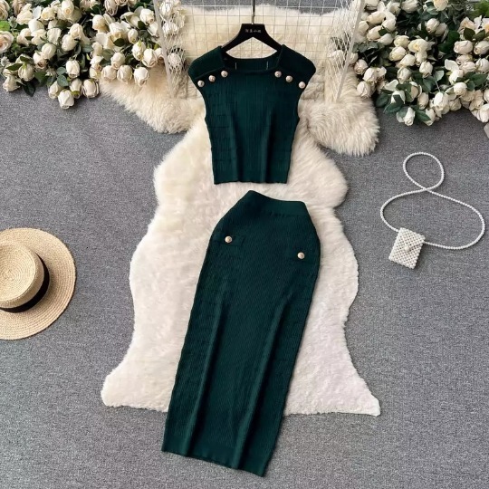 Summer New Sleeveless Beaded Versatile Top High Waist Elegant Socialite Knitted Skirt Fashion Two-Piece Set 240826