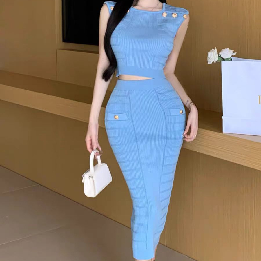 Summer New Sleeveless Beaded Versatile Top High Waist Elegant Socialite Knitted Skirt Fashion Two-Piece Set 240826