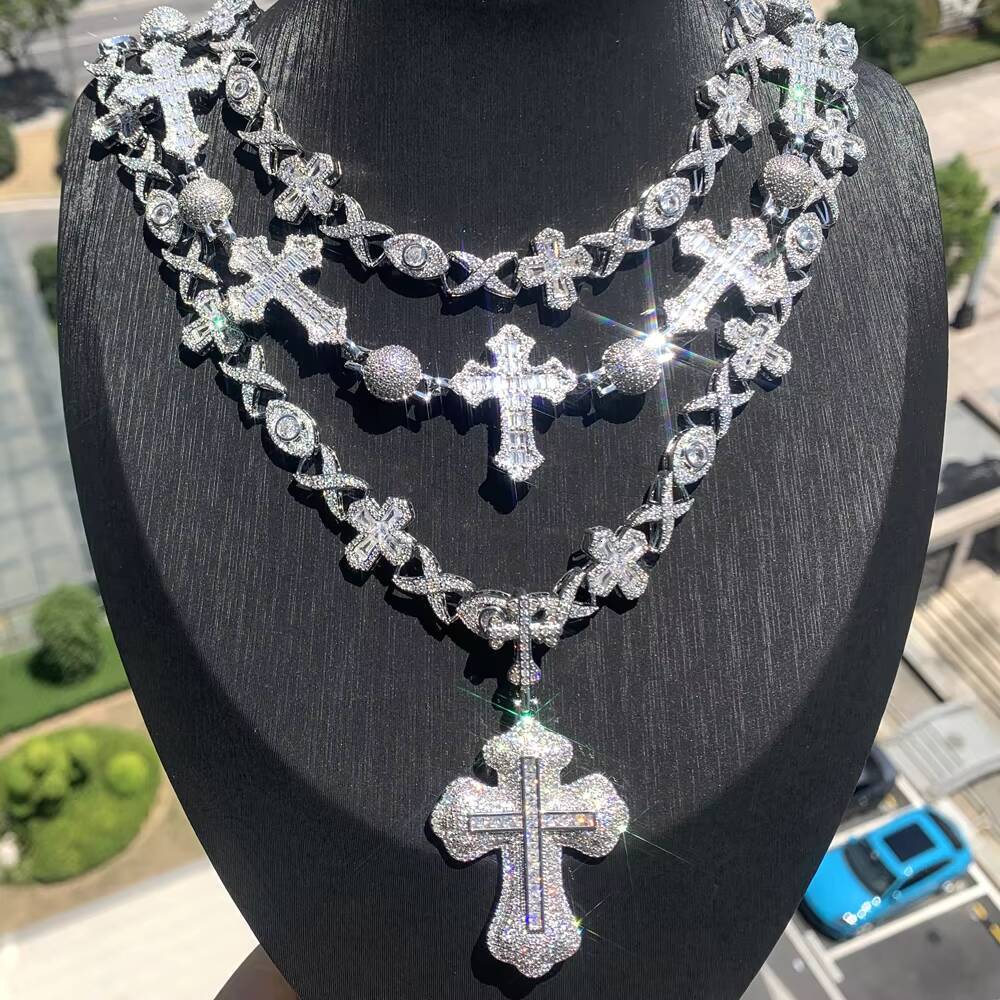 Moissanite Iced Out Bling Cool Hip Hop Men Boy Jewelry Full 5A Cubic Zirconia CZ Ball Cross Charm Chain Necklace