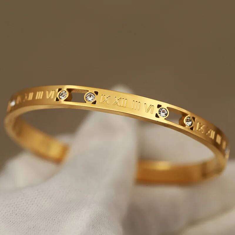316L Classic Stainless Steel Metal Roman Nunber for Women Elegant Crystal Bangles Rust-proof Bracelets Wrist Jewelry XJ260127