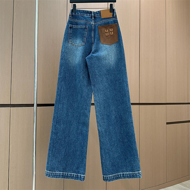 Letter Patch Women Jeans Designer Retro Washed Gradient Denim Pants Spring Summer Casual Versatile Blue Straight Jeans