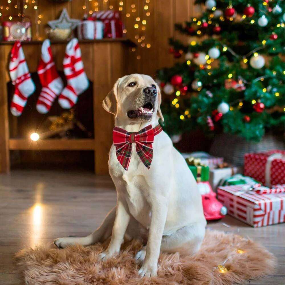 Bow Collar Adjustable & with Cotton Red Green Plaid Bowtie Dog Christmas Collars for Small Medium Large Dogs Pets pet supplies