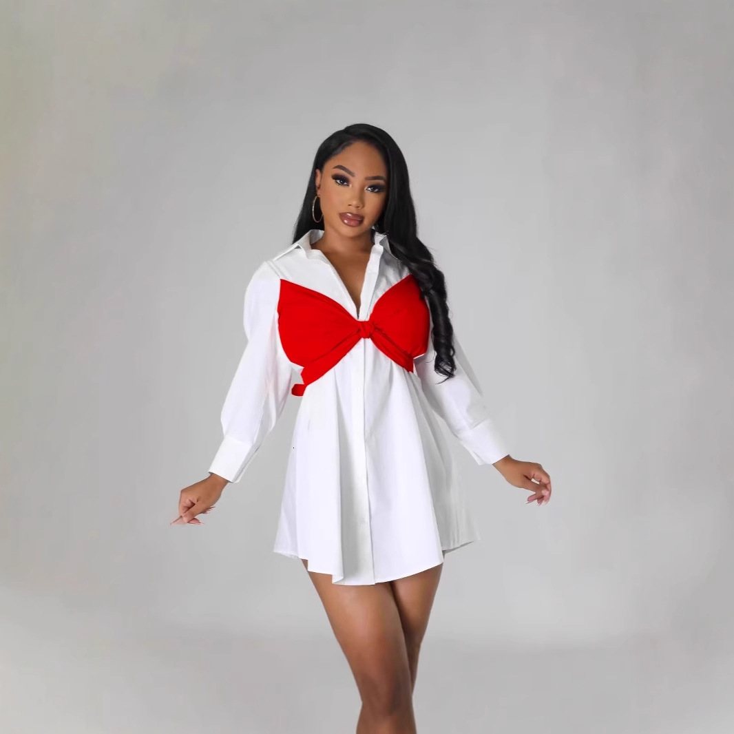 Plus Size Autumn Mini Shirts Dress Women Bow Fashion Patchwork Long Sleeve Ladies Dresses Pleated Ruffle Office Woman Dress 240806