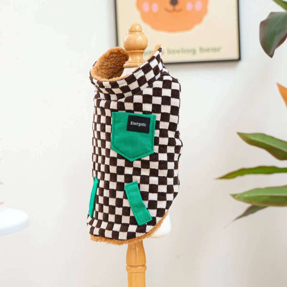 Chessboard Double-Sided Vest Coffee White Grid Dog Thickened Warm Winter Pet Jacket For Dogs And Cats