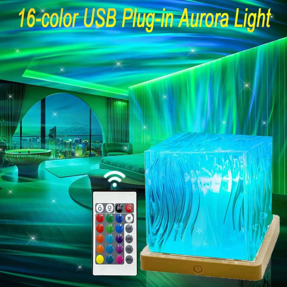 LED Ocean Wave Projector Light Aurora Lamp 16 Colors RGB Night Lights Auto Rotating USB Plug Kids Adults Gift Home Room Decor Z260127
