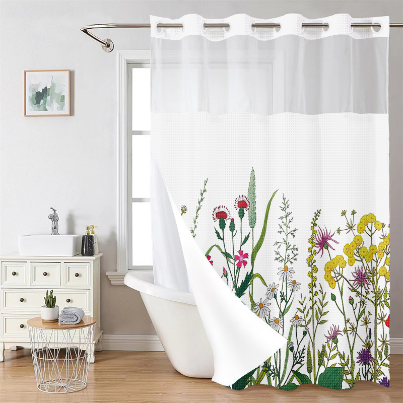 YL-38234 Hot Selling Digital Printed Double-Layer Large Ring Polyester Shower Curtain - Waterproof and Mildew Proof, Floral Bathroom Curtain