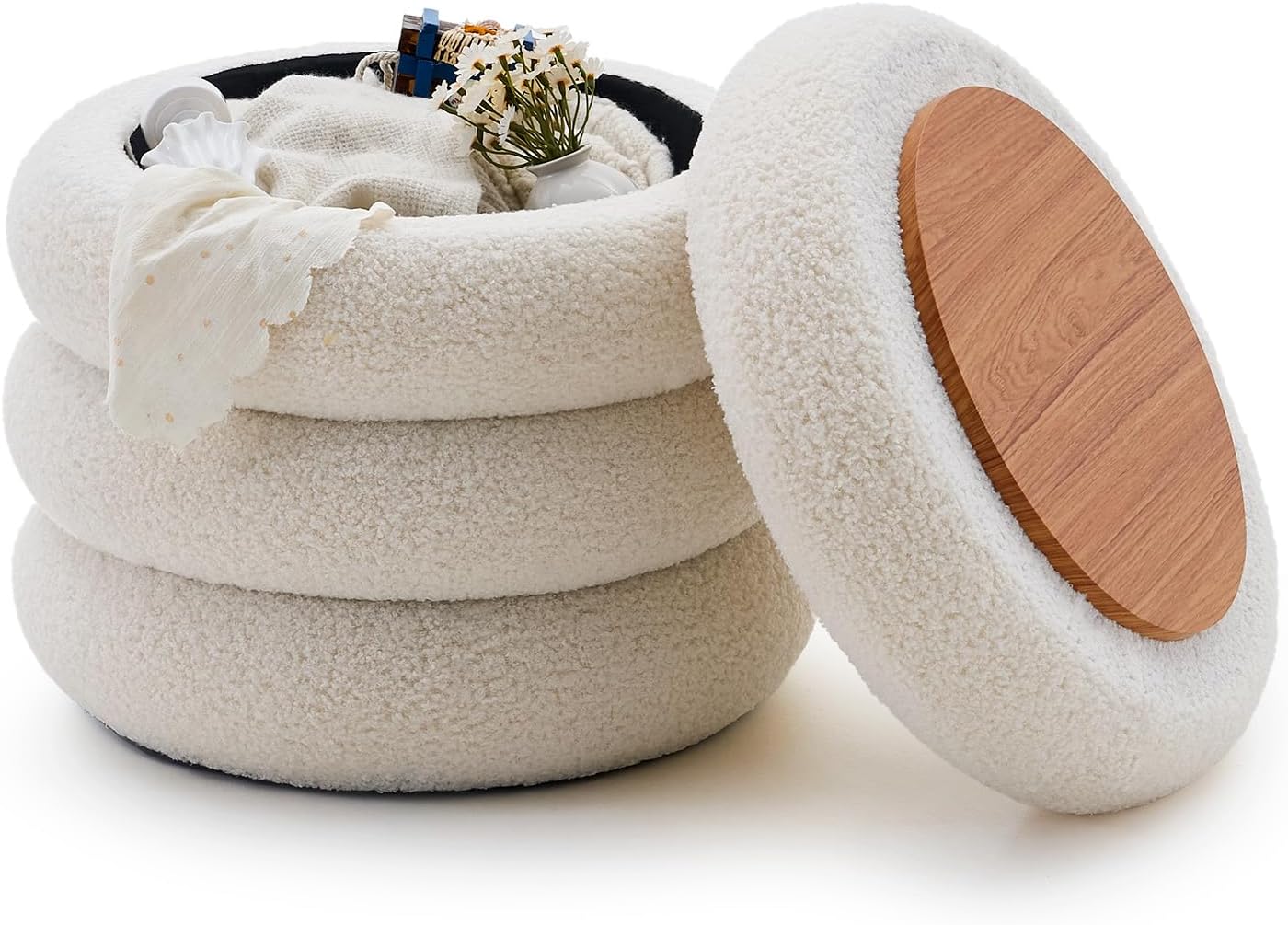 Wimarsbon Round Storage Ottoman, Modern Sherpa Footstool, T