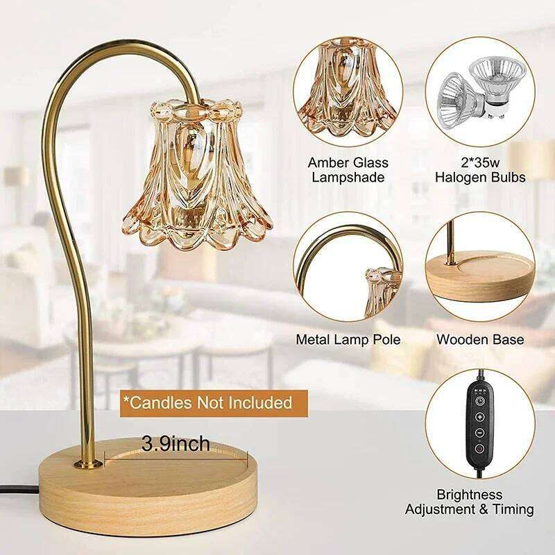 with 2 Bulbs Soft Brightness Create Ambiance in Any Room Modern Glass Flower Candle Lamp Warmer Wood Base Z260127