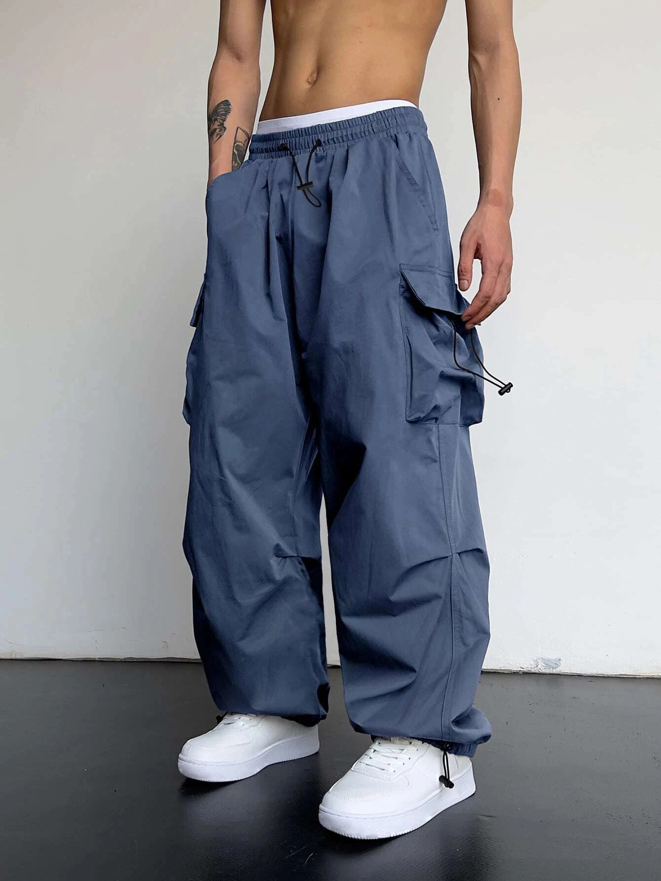 Mens Parachute Cargo Pants Adjustable Cuffs Roomy Pockets Edgy Streetwear 260127