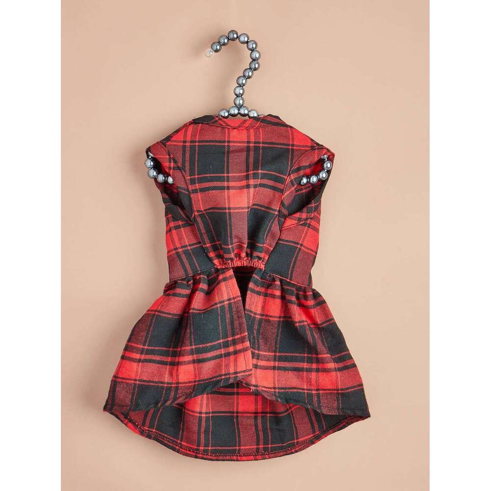 British-Style Large-Checkered & A Red Bow Dress Suitable For Wearing At Parties And Christmas Celebrations Pet Supplies - view 5