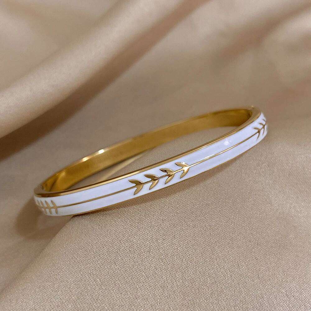 Fashion Enamel Painted Leaf Stainless Steel Bangle Women Vintage Wheat Arrow Ornament Cuff Bracelets Waterproof Golden Wristband XJ260127