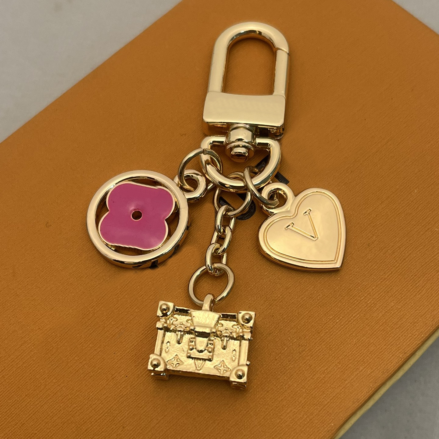 Gold Tone Multi Charm Keychain With Pink Enamel Flower Heart Initial Mini Trunk Stylish Daily Bag Accessory Gift For Her