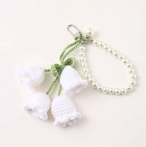 Cute Girl Pearl Korean Style Creative Chain Yarn Crochet Orchid Flower Keychain Bag Decoration Buckle S260126