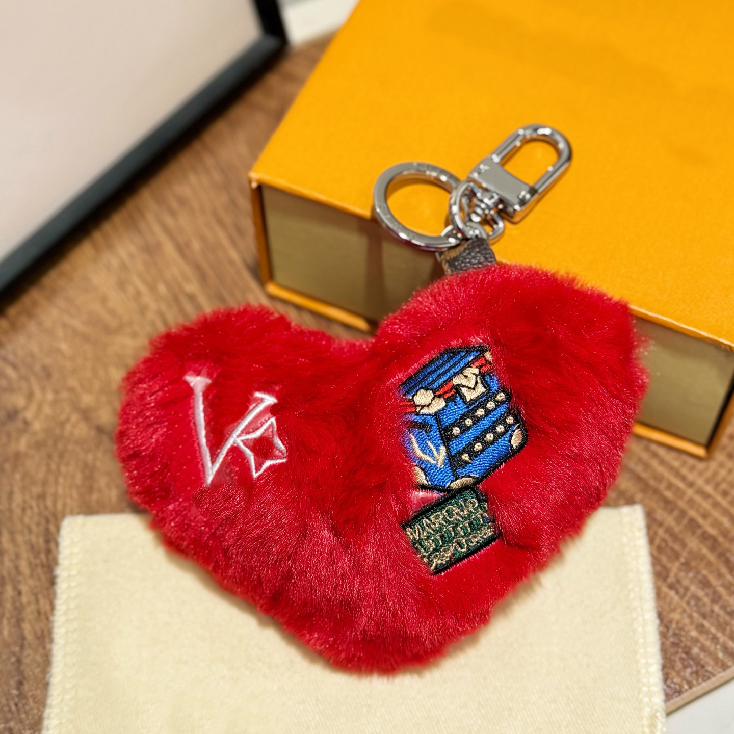 Red Plush Faux Fur Heart Keychain With Embroidered Character & Initial Silver Tone Hardware Cozy Daily Bag Charm Gift For Her