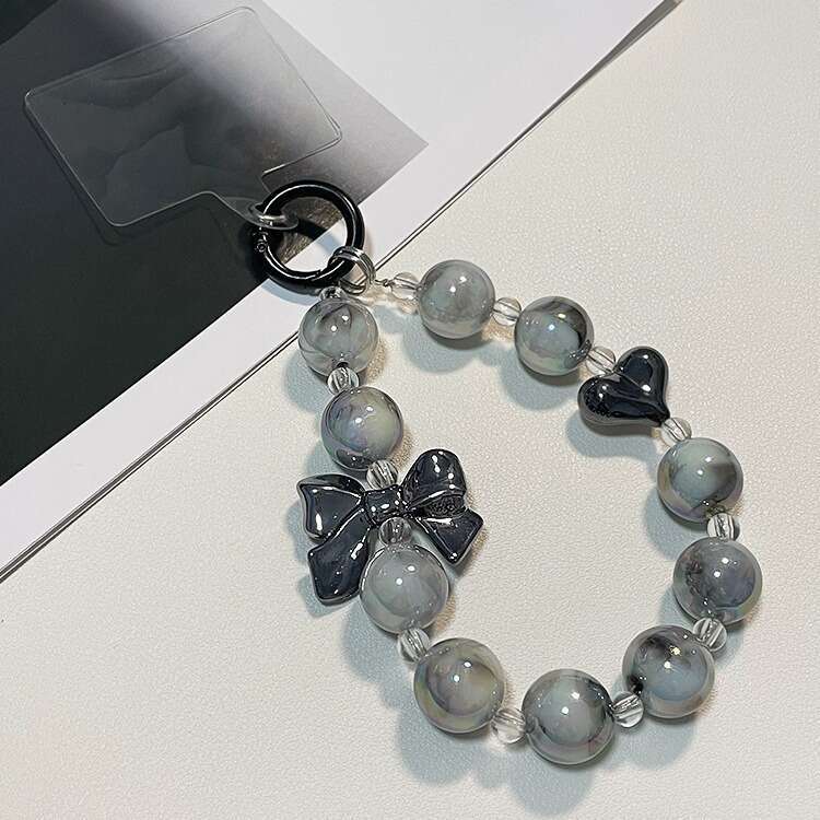 Beaded Chain Bowknot Pendant Keychain Phone Lanyard Colorful Marble Pattern Wrist Heart Women's Style S260126
