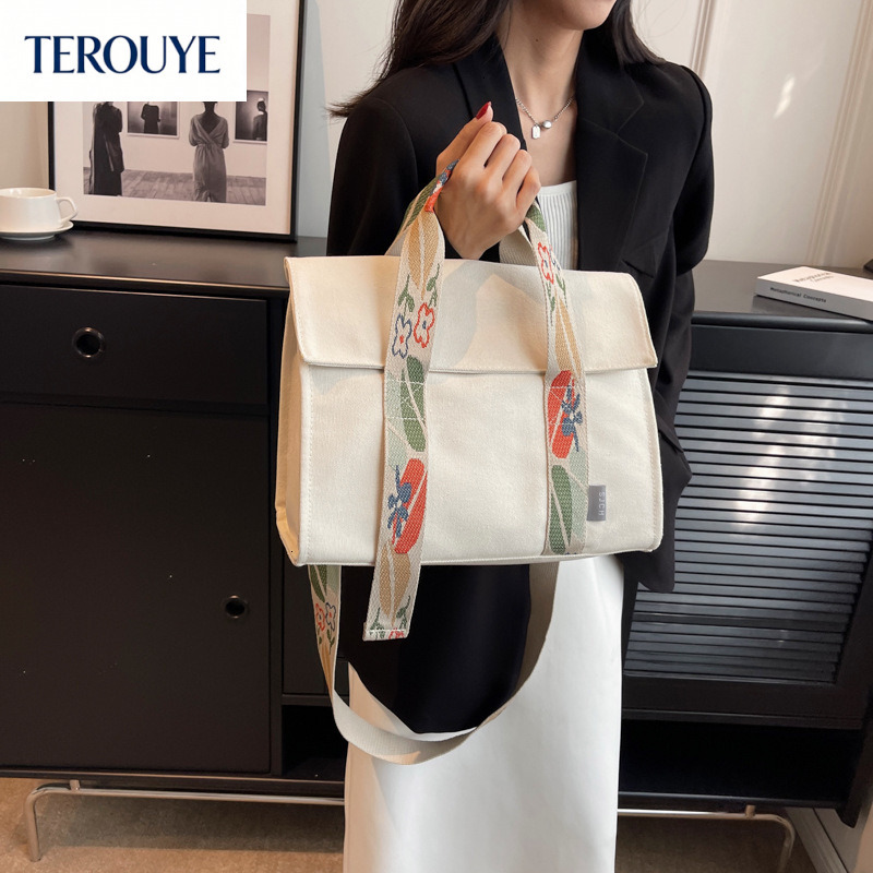 TEROUYE autumn and winter bag new large capacity women's canvas bag, fashionable and simple floral broadband handbag, women's shoulder bag,