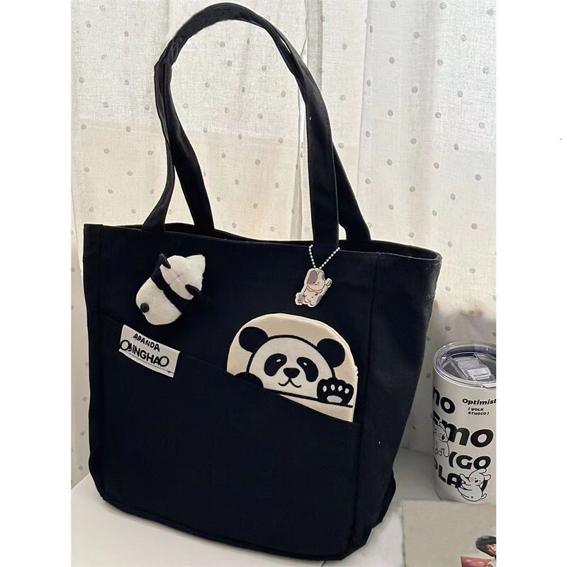 New Single Shoulder Large Capacity Fashion Handbag Urban Simple Open Solid Color Cute Panda Canvas Bag