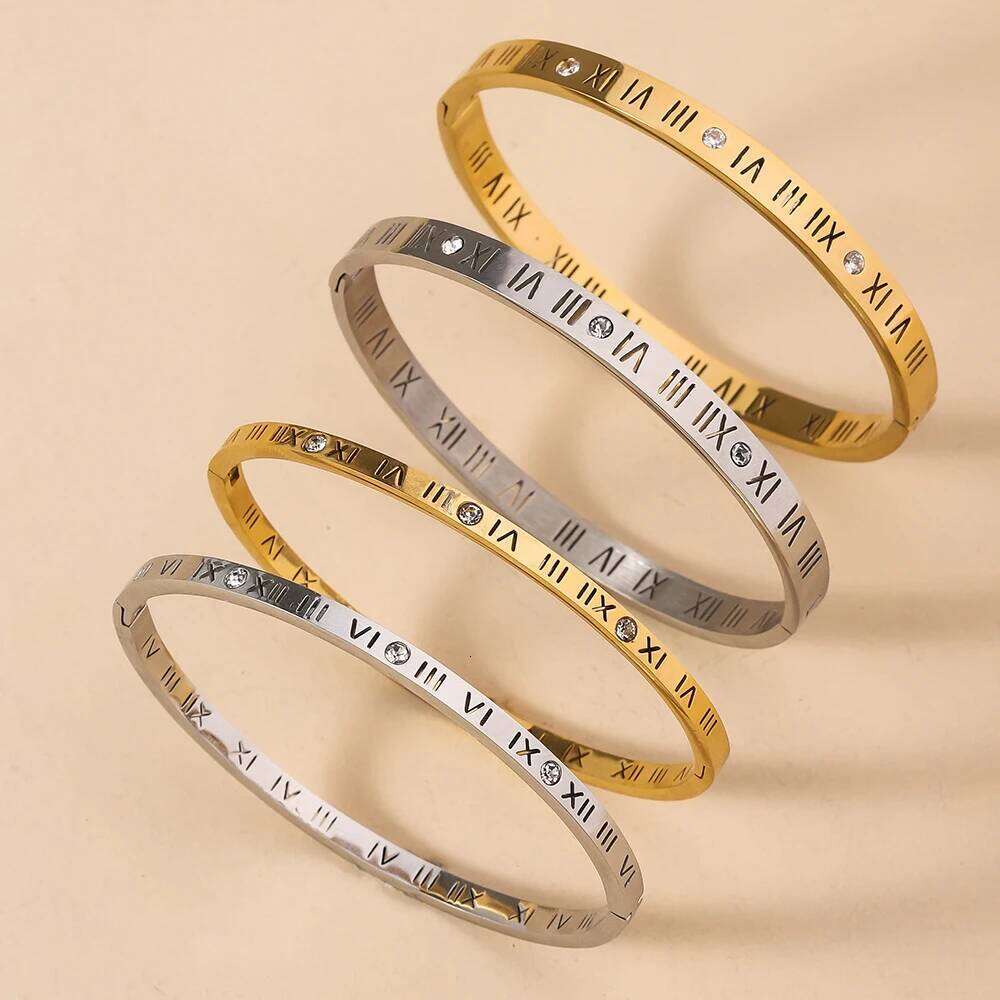 Hollow Roman Numerals Set With Diamonds, Popular Women's Bracelet, Fashionable Opening Buckle, Stainless Steel Jewelry XJ260127