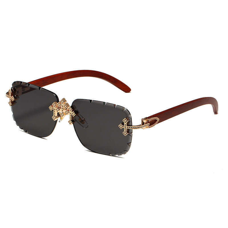 Sunglasses Cross Diamond Accented Rimless Metal Frame with Starry Sky Design and Wood Grain Temples for Driving and Vacation High Quality Texture