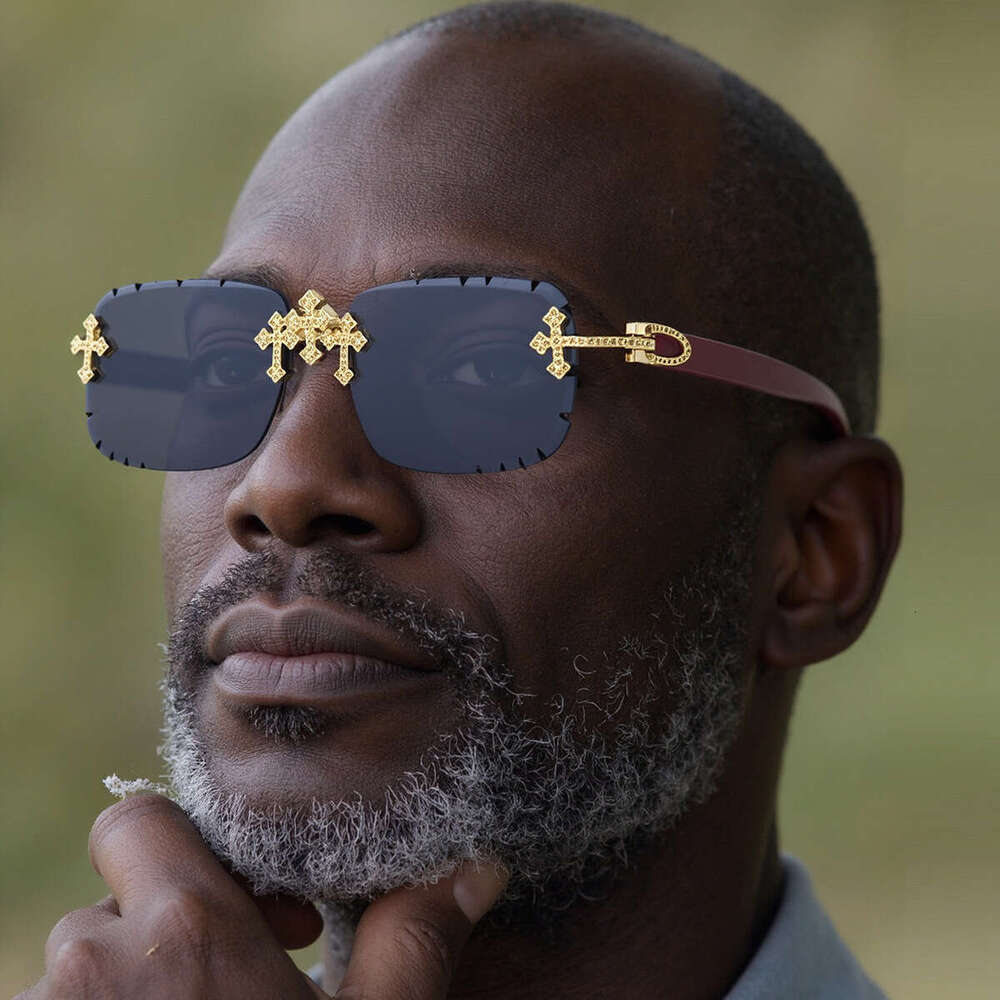 Sunglasses Old Money Style Frameless Cross Design with Cubic Zirconia Accents Heavy Craft Cut Edge and Wood Grain Temples for Driving and Daily Wear H