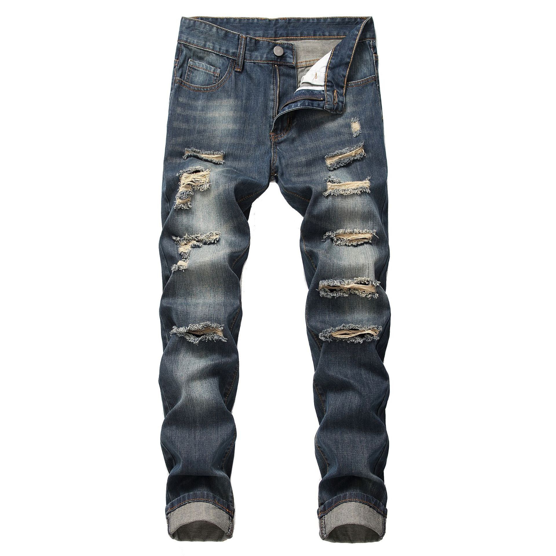 Mens Ripped Straight Slim Fit Non-Stretch Jeans Distressed Mens Long Pants NK358