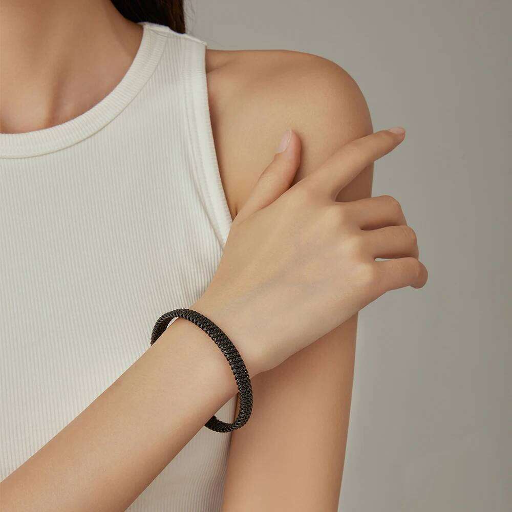 VQYSKO 8MM Woven Flat Mesh C-Shaped Open Bracelet Vintage Stainless Steel Chain Jewelry Women Men Gift Waterproof XJ260127