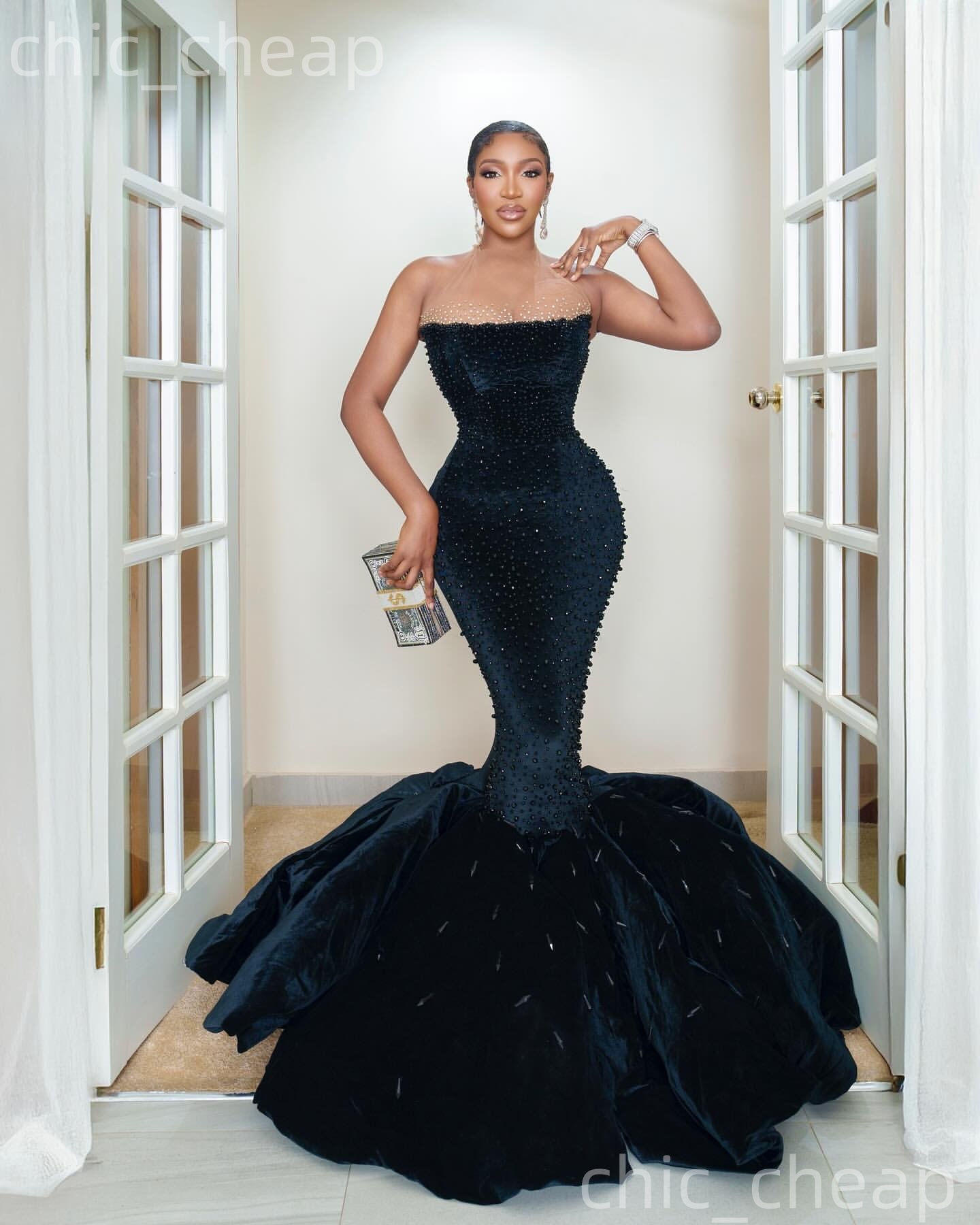 Aso Ebi Black Mermaid Prom Dresses 2026 Sheer Neck Beaded Velvet Elegant Evening Formal Party Second Birthday Engagement Gowns Dress For Special Occas