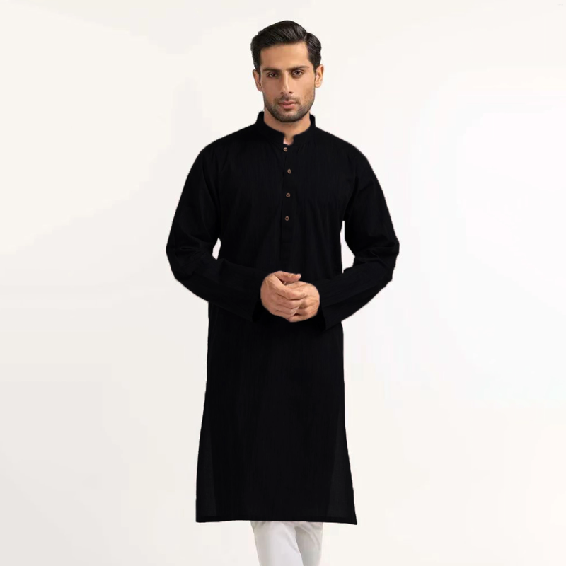 Ethnic Clothing Men's Stand-up Collar Black Muslim Robe Mid-length Personality Casual Fashion Solid Color Shirt Traditional