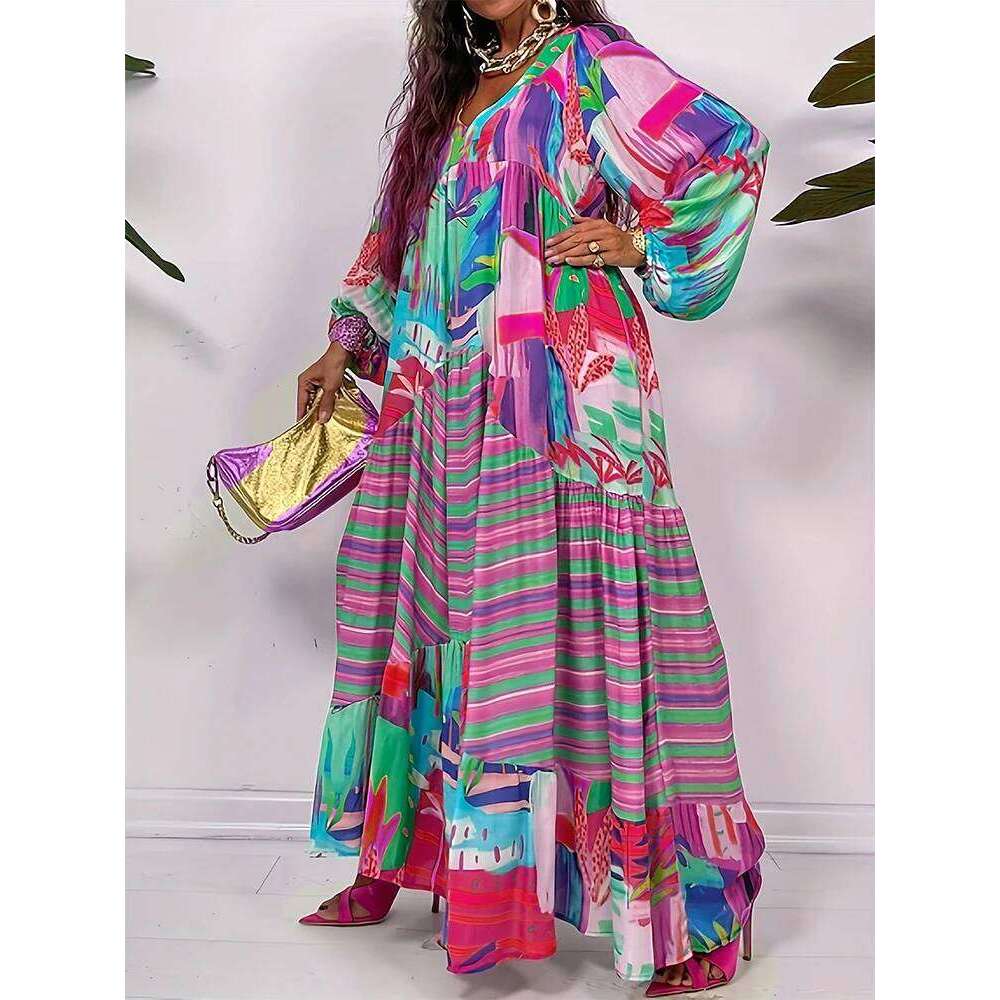 plus Size Women's Casual Dress Long Sleeve V-Neck Irregular Pattern Print Fall Winter New Personalized Apparel