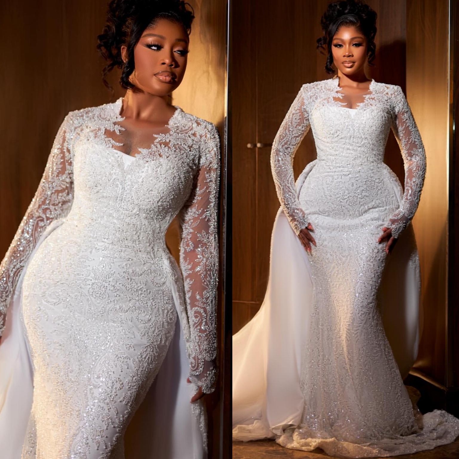 African Aso Ebi 2026 Ivory Mermaid Wedding Dress Sheer Neck Full Sleeves Sequined Detachable Train Gorgeous Vintage Bridal Gowns Dresses ZJ237