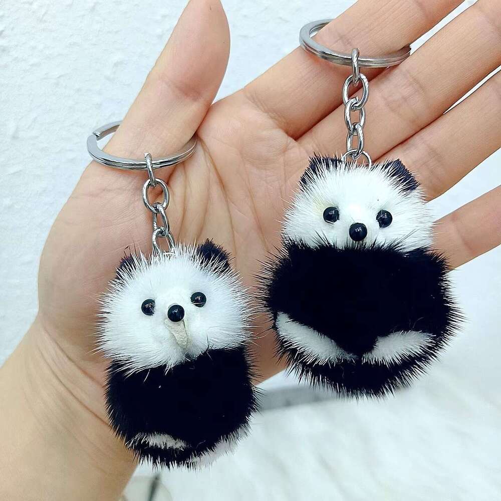 Cute Real Mink Fur Little Panda Car Keychain Pendant Plush Doll Backpack Decoration Small Gift S260126 711