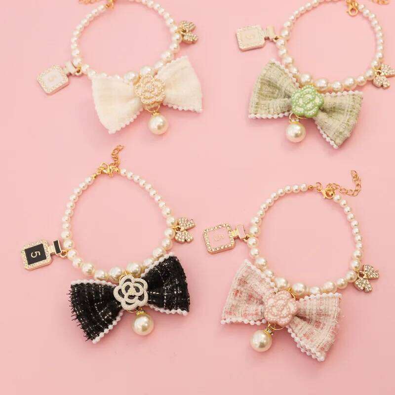 Pet Spring/Summer Pearl Necklace Cat/Dog Collar Bow Flower Autumn/Winter Water Diamond Decoration Dog Accessories