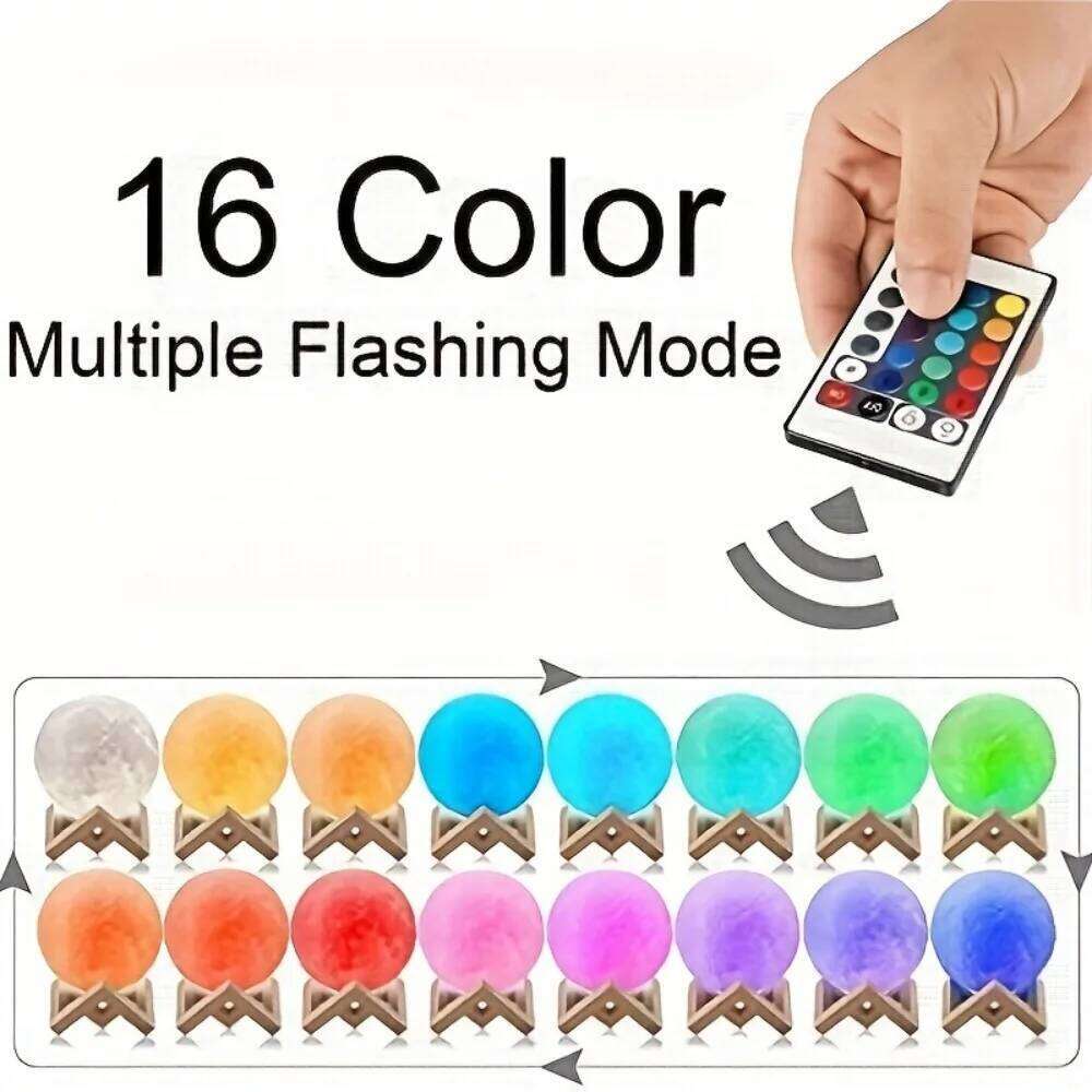 16 Colors 3D Printed Moon Lamp USB Plug LED Night with Wooden Stand Remote Control Adjustable Brightness Table Light Z260127