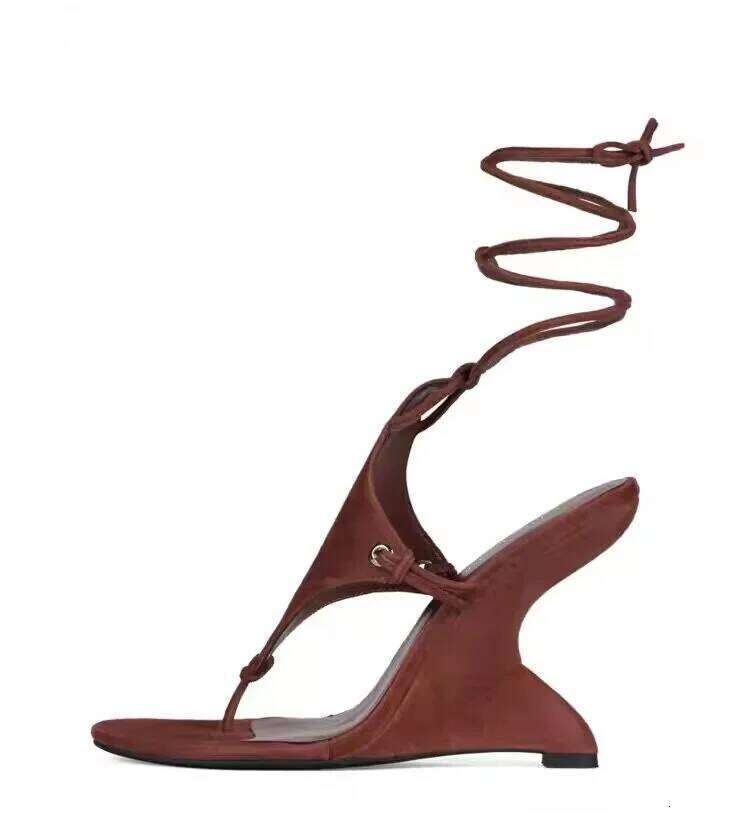 Women 2026 Brown Suede Wedges Heeled Lace Up Sandals Black 10Cm High Heels Women's Summer New Luxury Party Shoes