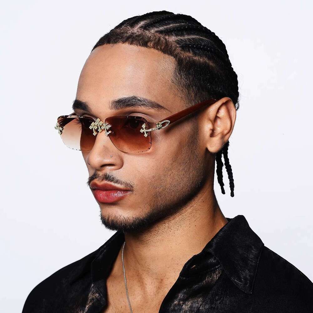 Sunglasses Old Money Style Frameless Cross Design with Cubic Zirconia Accents Heavy Craft Cut Edge and Wood Grain Temples for Driving and Daily Wear H