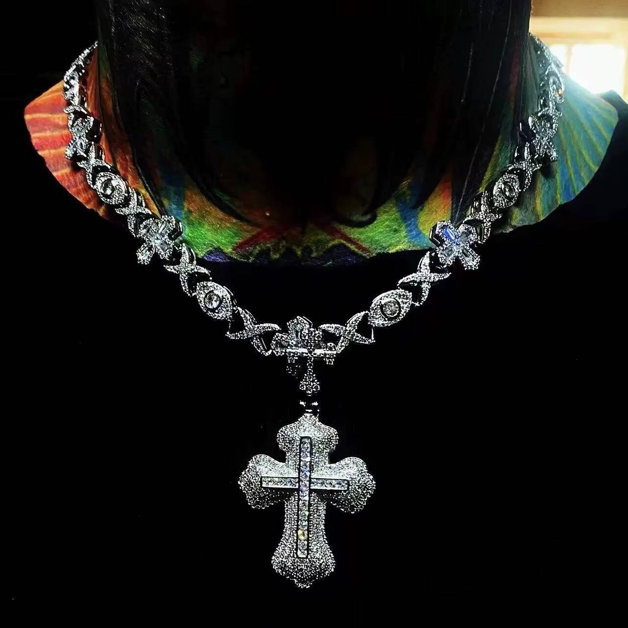 Moissanite New Cool Men Boy Jewelry Iced Out 5A Cubic Zirconia CZ Evil Eye Cross Charm Pendant Hip Hop Necklace