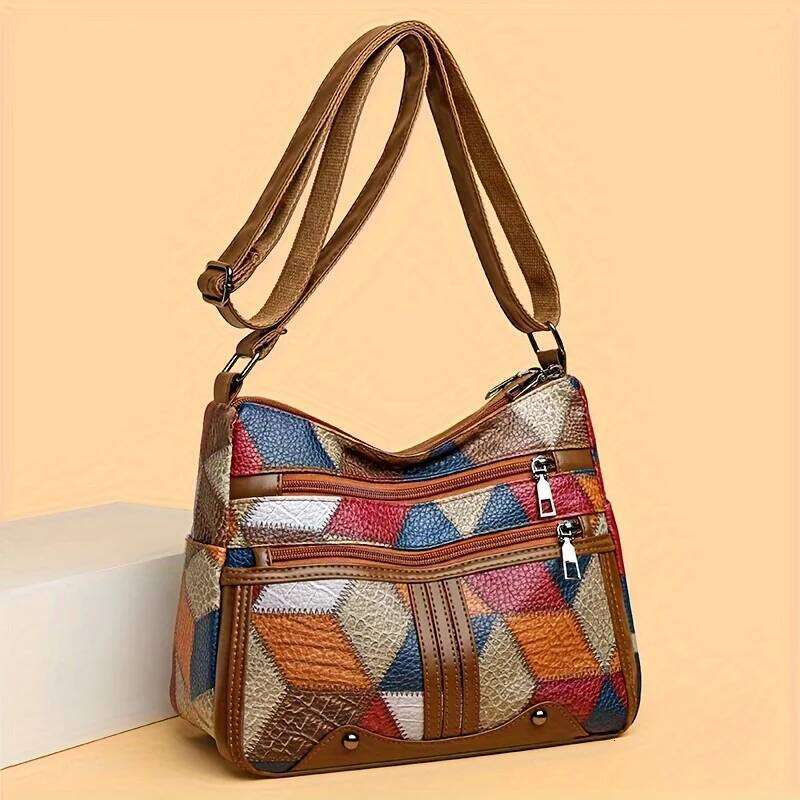 Women Geometric Pattern Synthetic Leather Crossbody Shoulder Bag Adjustable Strap Multi Color Options for Daily Use Work Travel
