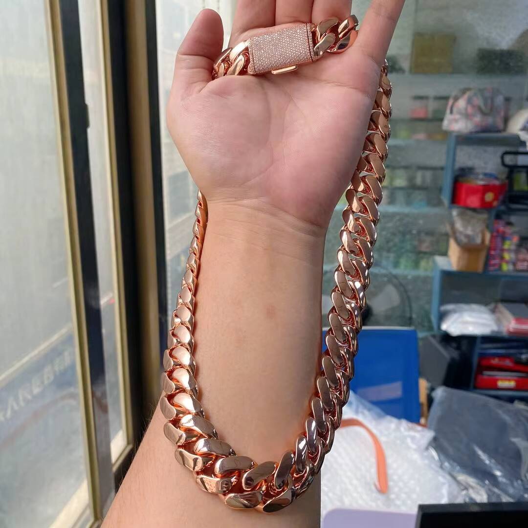 14K Rose Gold Plated Cuban Link Chain Necklace and Bracelet Set for Men Thick Brass Iced Out Clasp Hip Hop Streetwear Jewelry