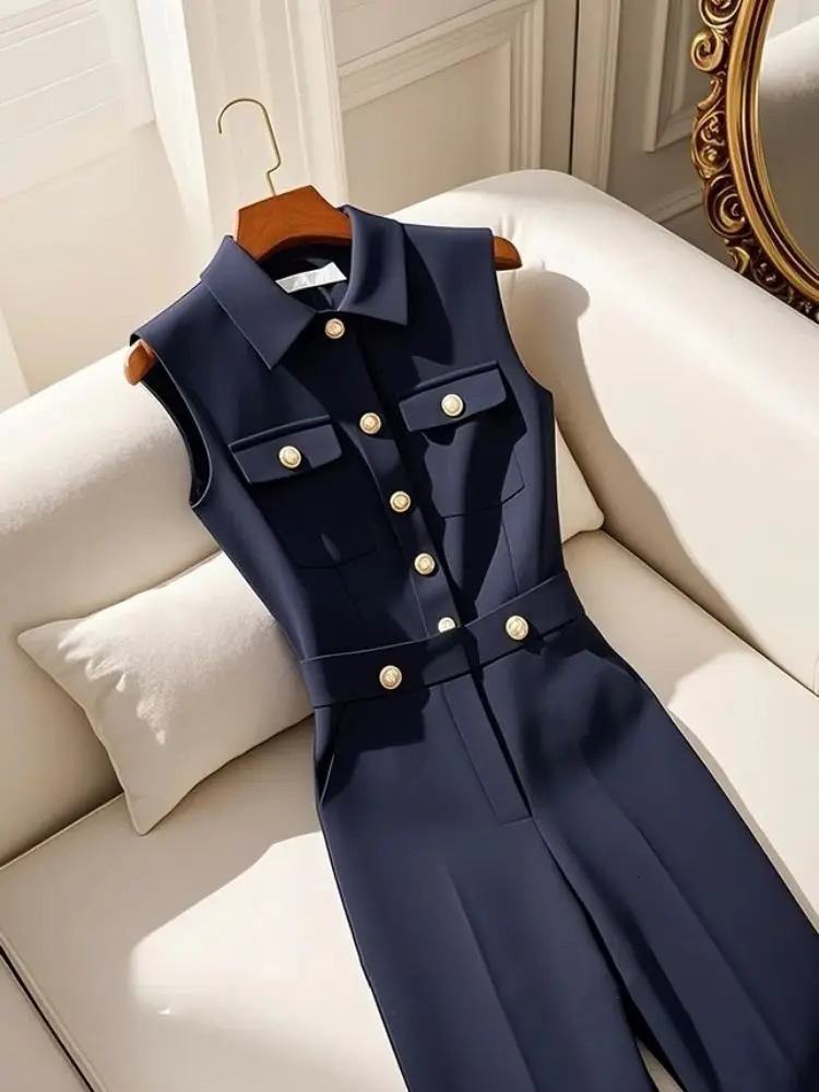 Frence Retro Polo Collar Single Breasted Pockets Navy Blue Jumpsuits Fashion Office Lady All match Summer Long Jumpsuit Elegant 260124 - view 5